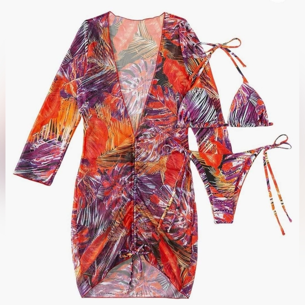 SOLY HUX Women Size M 3 Pc. Bikini & Coverup Set Multicolor Boho Tropical  NWOT